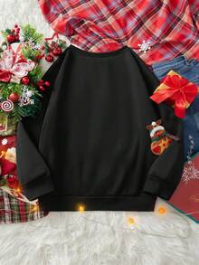 SHEIN LUNE Christmas Tree & Leopard Print Pattern Loose Fit Crew Neck Long Sleeve Sweatshirt For Women, Suitable For Party, New Year, Autumn/Winter - Black - View 2