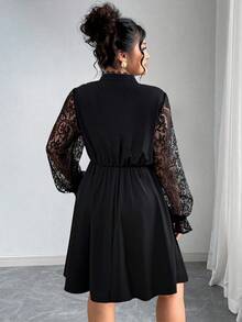Elenzga 大码女式法式休闲优雅蕾丝长袖连衣裙 - 黑色 - 查看 3