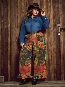 大码牛仔度假风荷叶边阔腿裤 - 彩色 - 查看 6