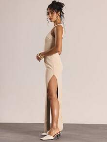 MUSERA Vestido largo de ante con cuello de piloto, tirantes finos, espalda con recorte, para uso casual, salidas, sexy, diario, noche, lindo, otoño, primavera, verano, elegante - Beis - Ver 3