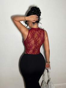 SHEIN SXY Bộ đồ liền thân ren đỏ tía hở cổ khoét sâu gợi cảm dành cho nữ - Màu Đỏ Sâu - Xem 2