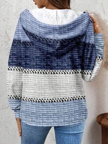 EMERY ROSE Women Light Blue Striped Crew Neck Button Collar Pullover Sweatshirt,Minimalist Textured Contrast Print Pattern,Casual Everyday Autumn Winter Style - Multicolor - View 2