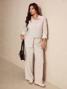 Elaquor Plus Size Casual Minimalist Basic Striped 2 Pieces Set, Loose Fit - Apricot - View 6