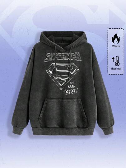 SUPERMAN X ROMWE Logo And Letter Graphic Distressed Texture Drawstring Hooded Sweatshirt,Long Sleeve Tops