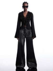 LYSMO 2025年秋季新款简约女式黑色多层荷叶边前系带长袖时尚衬衫 - 黑色 - 查看 6