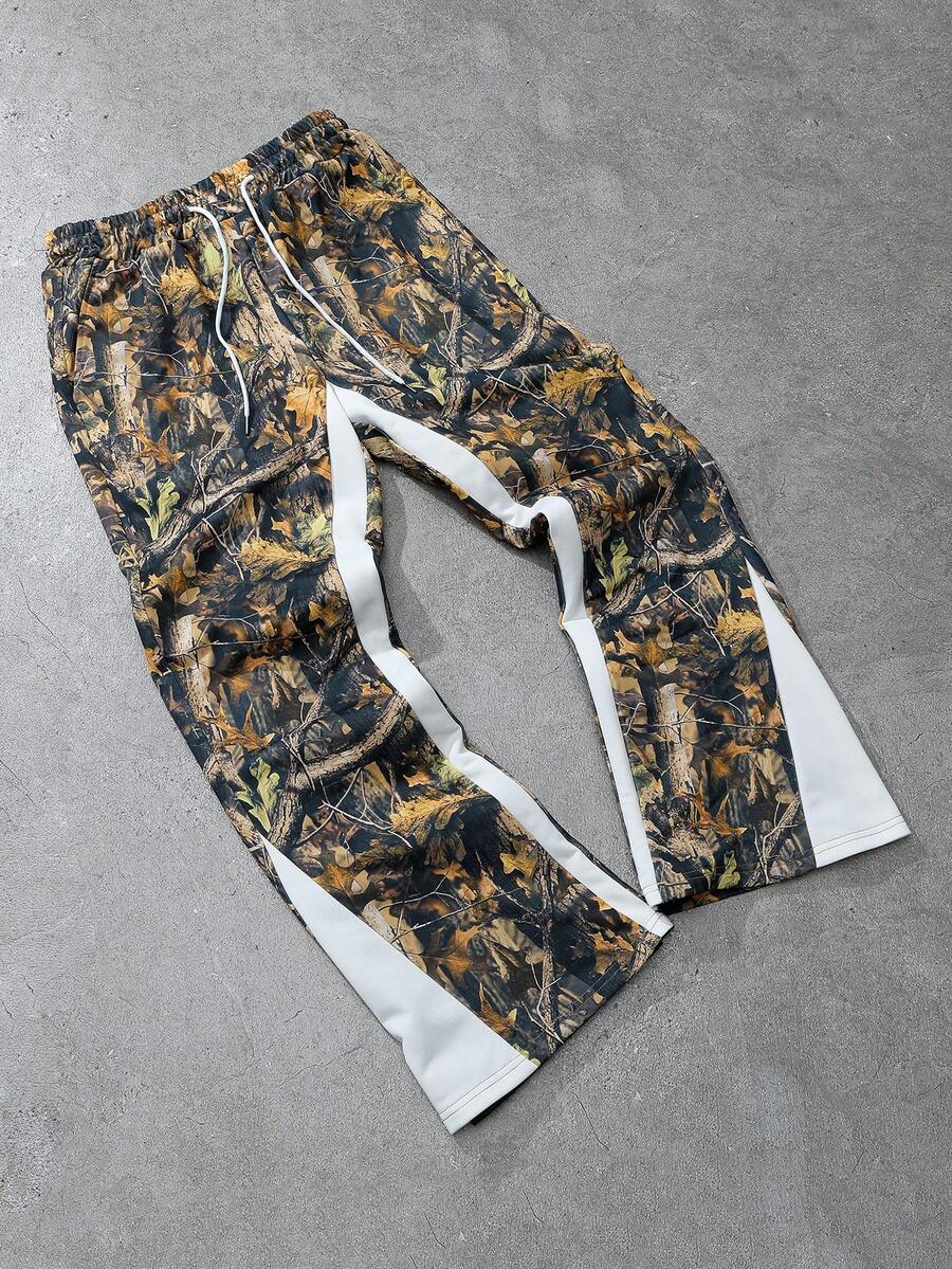 Manfinity EMRG 男士街头时尚拼接树枝印花抽绳腰喇叭运动裤 - 彩色 - 查看 1