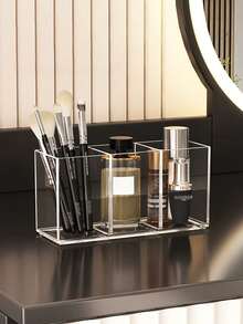 1PC Transparent Acrylic Cosmetic Brush Holder, Desktop Vanity Organizer For Lipstick, Eyebrow Pencil, Skin Care Products And Makeup Mirror - transparent - View 7