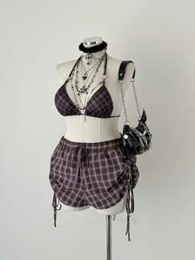 Sunspun Plus Size Plaid Drawstring Tie Bubble Shorts - Multicolor - View 1