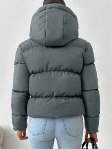 EURMUSE Women's Solid Color Front Zip Long Sleeve Simple Hooded Casual Padded Coat - Blue - View 2