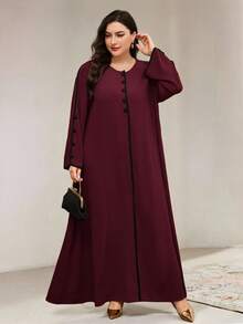 Veilorie Đầm kiểu Ả Rập thiết kế nút cổ tròn tay dài cỡ lớn cho nữ - Màu Đỏ Sâu - Xem 4