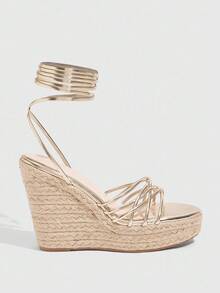 CUCCOO SZL Women's Fashion Gold Slim Strap Combination Lace-Up Rope Sole Wedge Sandals, Suitable For Commuting,Dating,Party,Holiday