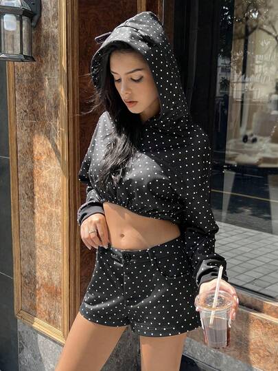 Zielony Sudadera corta casual con lunares, elegante y versátil sudadera con cremallera y lunares negros, ropa de calle para mujer, tops Y2K, otoño para mujer, Y2K, hermana, ahora, blusas de moda, sudadera estética, regalo para la hermana, regalos para otros días, top de moda minimalista casual