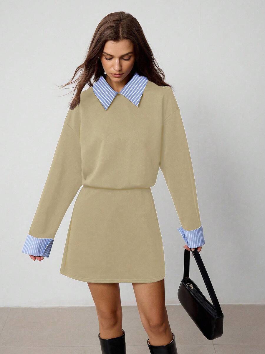 Hanevo 女士翻领条纹拼接长袖运动休闲学院风连衣裙 - 卡其色 - 查看 1