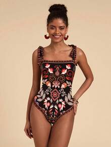 Travachic 大码女式全身印花无袖连体泳衣，适合海滩和度假 - 彩色 - 查看 4