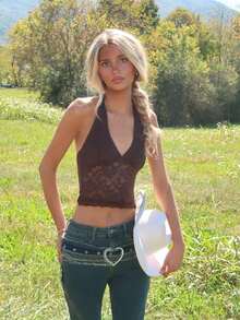Sydney Algeri Halter V-Neck Stretch Sexy Cute Lace Summers For Women Boho Open Back Top,Concert Women,Streetwear For Women,Raves - Coffee Brown - View 6