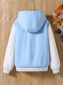 SHEIN Girls' Solid Color Zip-Up Jacket With Thermal Lining, Comfortable & Versatile Autumn/Winter Outerwear - Blue - View 2