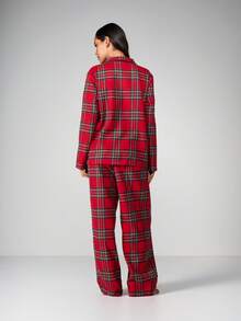 MISSGUIDED Plaid Flannel Pajama Set Long Sleeve Button Up Top Matching Pants Lounge Sleepwear Christmas Holiday - Red - View 2