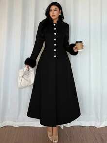 Rafferiza Elegant Solid Color Cinched Waist Overcoat, Autumn/Winter - Black - View 6
