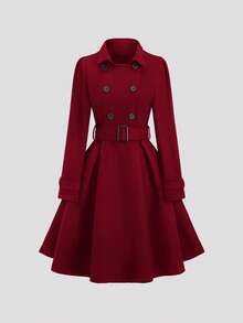 Sweetra 复古双排扣秋冬新款时尚设计收腰修身女大衣 - 酒紅色 - 查看 1