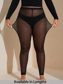 SHEIN Tall CURVE Plus Size Women's Sexy Mesh See-Through Leggings Suitable For Going Out Fall Winter - Black - View 6