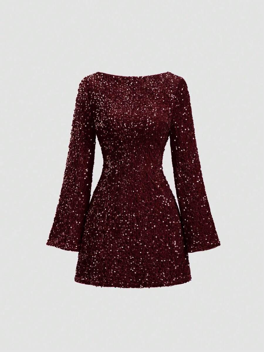 Sweetra Sequin Backless Mini Dress, Valentine's Day Outfits - Burgundy - View 1