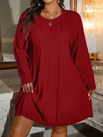 SHEIN LUNE Plus Size Elegant Solid Color Knit Midi Dress, Suitable For Commuting, Autumn/Winter