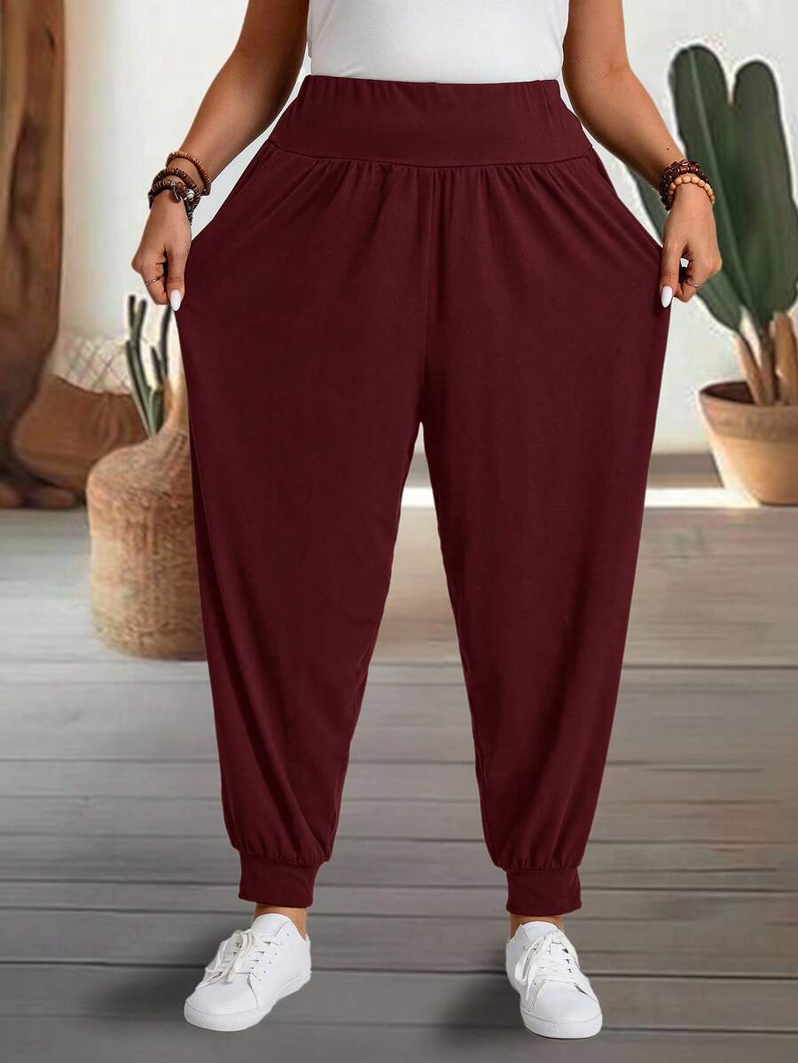 EMERY ROSE Pantalones informales de talla grande con cordón en unicolor - Burdeos - Ver 1