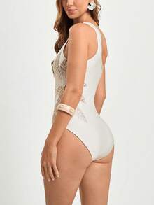 CAJUNI x Carol Peixinho Women's Summer Vacation Palm Tree Print Fashionable One-Piece Swimsuit,Elegant Women's Beach Swimsuit,Beach Outfit For Women - Apricot - View 2