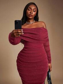 Radiana Váy bodycon lưới xếp nếp hở vai đính sequin lấp lánh thời trang thu đông, xuân hè thanh lịch, sang trọng, thời trang mặc hàng ngày cho nữ - Màu Đỏ Sâu - Xem 3