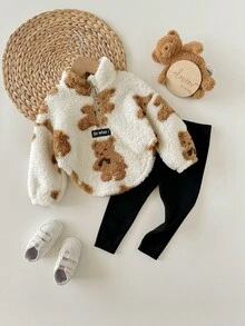 Baby Girl Cute Fleece Letter Graphic Sweatshirt & Elastic Waist Pants Set, Autumn/Winter - Multicolor - View 5