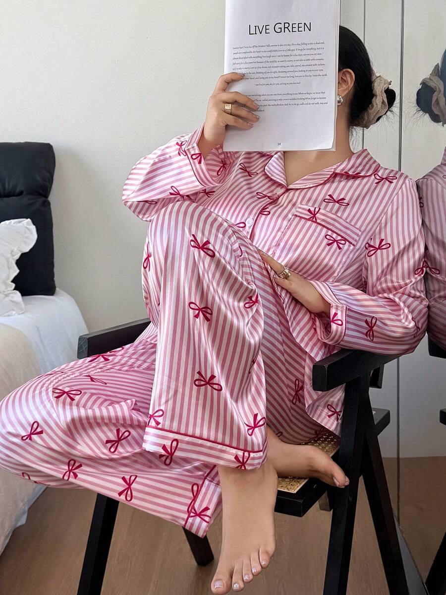 Napfluff CURVE Napfluff CURVE 大码女式蝴蝶结条纹仿丝绸翻领上衣和裤子睡衣套装，冬季服装 - 白色 - 查看 1