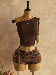 Soleia New Casual Vacation Western Beach Wedding Guest Attire, Graduation Brunch, St. Patrick's Day, Spring Break, Easter, Music Festival, Elegant Boho Tropical Fuzzy Textured Brown Knit Asymmetrical Shoulder Floral Backless 2 Pieces Set For Women,Cheetah Print