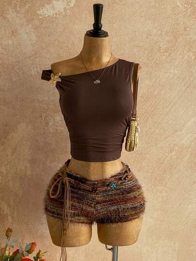 Soleia New Casual Vacation Western Beach Wedding Guest Attire, Graduation Brunch, St. Patrick's Day, Spring Break, Easter, Music Festival, Elegant Boho Tropical Fuzzy Textured Brown Knit Asymmetrical Shoulder Floral Backless 2 Pieces Set For Women,Cheetah Print