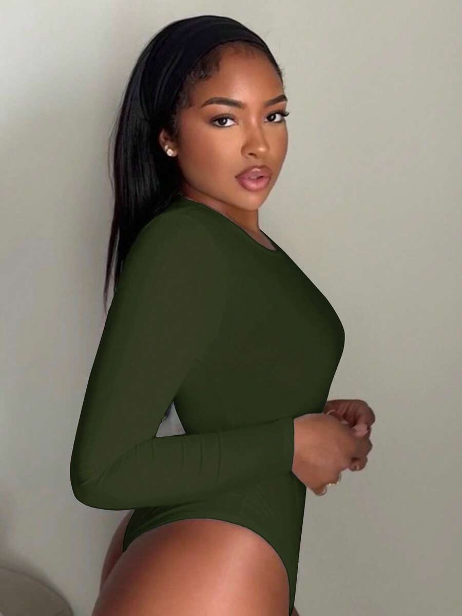 Alexandranx Bodysuit Wanita Slim Fit Polos untuk Musim Semi, Wanita Bertubuh Mungil - Hijau Tentara - View 1
