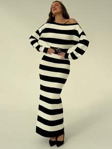 Aloruh Vestido de punto largo con parte superior suelta asimétrica de rayas blancas y negras y Bottom ajustada, minimalista y de estilo urbano para mujeres - Blanco y Negro - Ver 3