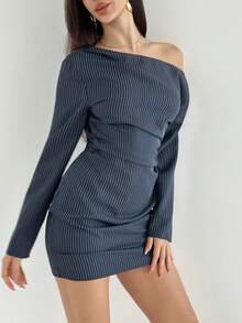 Aloruh 女士蓝色条纹休闲迷你连衣裙，适合通勤。 - 藏蓝色 - 查看 6