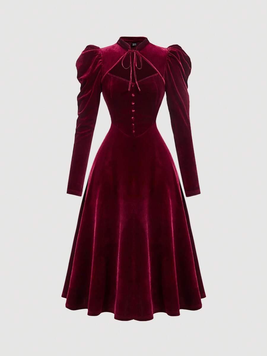 SHEIN MOD Wine Gigot Sleeve Dress,Mandarin Collar,Bow Tie ,Fall/Winter Women Dress,Christmas,Elegant,Homecoming,Party