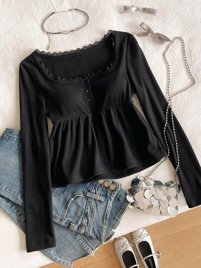 Teen GirlCasual Cute Ruffle Collar Puff Sleeve T-Shirt, Suitable For Female Students Daily Wear