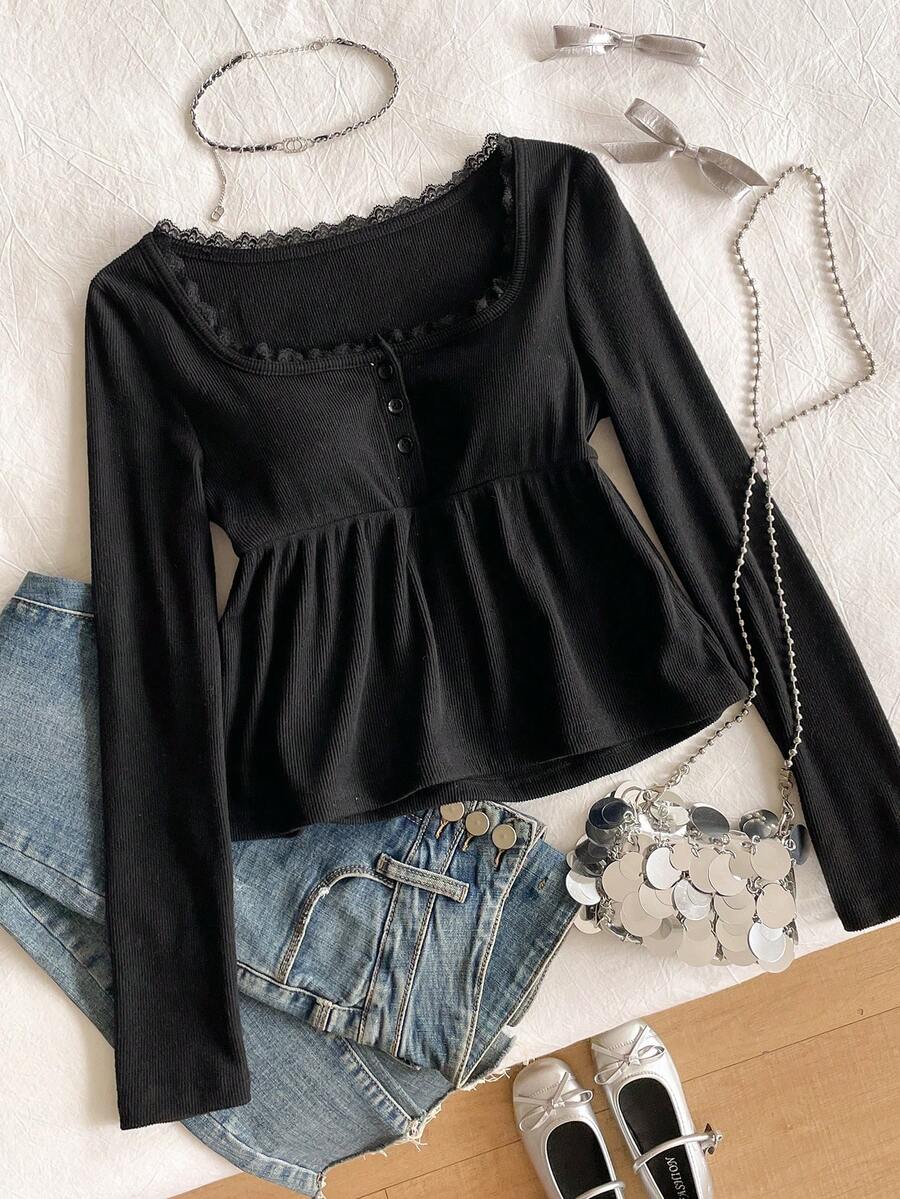 Tonårsflicka Avslappnad söt t-shirt med volangkrage och puffärm, lämplig för kvinnliga studenter till vardagsbruk - Svart - Visa 1