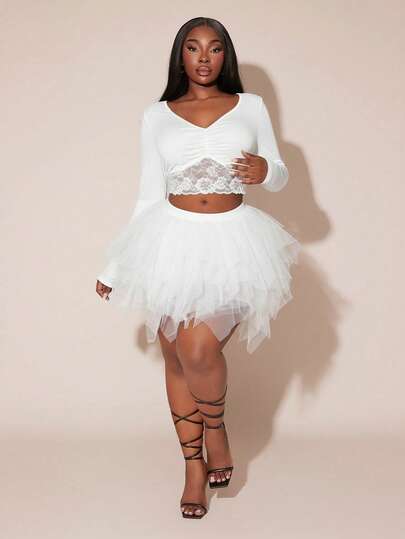 SHEIN SXY Plus Size Women's Multi-Layered Ruffle Tulle Skirt, Black Mesh Skirt, Suitable For Date Night, Birthday, Bachelorette Party Outfit, Cute, Casual, Shopping, Streetwear, Going Out, Easy To Match & Looks Slim, Accentuates Your Body, Flatters The Figure