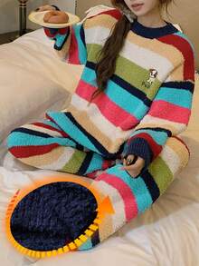 DAZY 2件套女士小狗印花彩色条纹宽松针织长袖上衣和裤子睡衣套装，秋冬季 - 彩色 - 查看 6