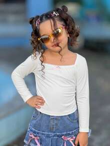 SHEIN 女童纯色荷叶边领蝴蝶结修身长袖短款休闲优雅T恤，甜美酷炫，个性可爱，校园风，返校季必备 - 白色 - 查看 3