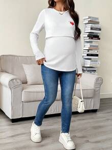 SHEIN 秋冬季女士爱心印花休闲哺乳圆领长袖上衣外出上衣哺乳孕妇装 - 白色 - 查看 5