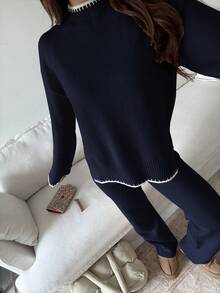 Flirla 2件套女士撞色针织毛衣和裤子套装 - 藏蓝色 - 查看 3