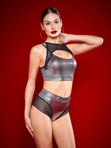 Menodora SHEIN Sport 女士金属质感镂空网眼拼接运动文胸和内裤套装 - 銀色 - 查看 6