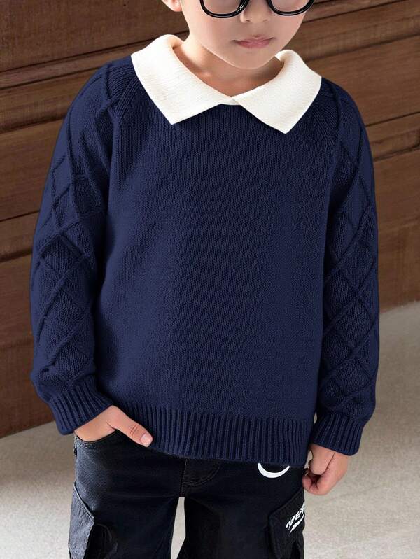 SHEIN كنزة صوفية صوفية سميكة للأولاد الصغار بياقة ملونة، قماش قطني مريح وعملي، مناسبة للعودة إلى المدرسة في فصلي الخريف والشتاء