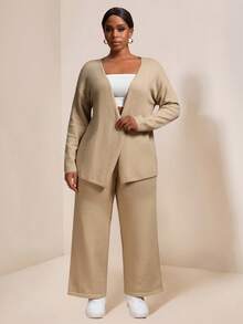 EMERY ROSE 大码女式纯色针织开衫配腰带，秋冬毛衣套装适合圣诞节、万圣节、返校、度假、办公室、休闲 - 卡其色 - 查看 7