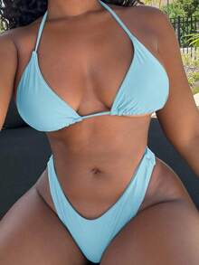 Alexandranx Bộ bikini trơn màu cho nữ đi biển/đi nghỉ hè - Màu xanh nhạt - Xem 3