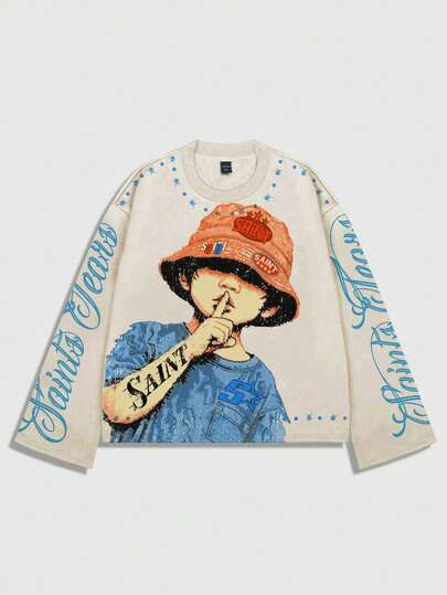 Street Life Men's Rhinestone Embellished Long Sleeve T-Shirt, Casual Street Punk Style, Spring/Autumn