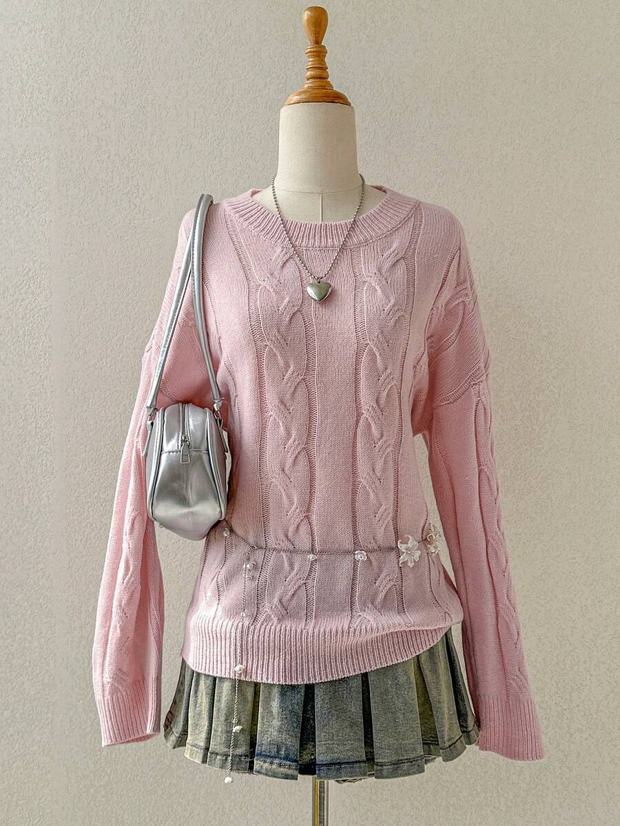 SHEIN Unity 宽松麻花针织套头衫，韩版风，休闲舒适，适合2025初秋新品 - 粉色 - 查看 1